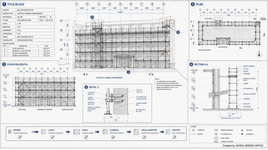 Scaffold drawing review map showing title block, plan, elevation, section, detail and a practical cross-check workflow.
