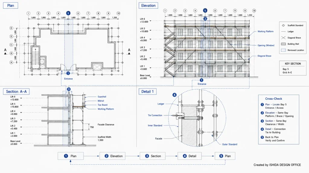 Scaffold drawing cross-check showing the same bay and entrance coordinated through plan, elevation, section and detail views.