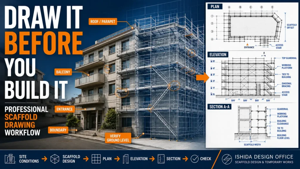Scaffold drawing workflow showing a renovation building with scaffolding alongside coordinated plan, elevation and section views.