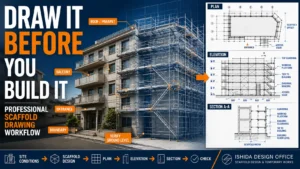 Scaffold drawing workflow showing a renovation building with scaffolding alongside coordinated plan, elevation and section views.