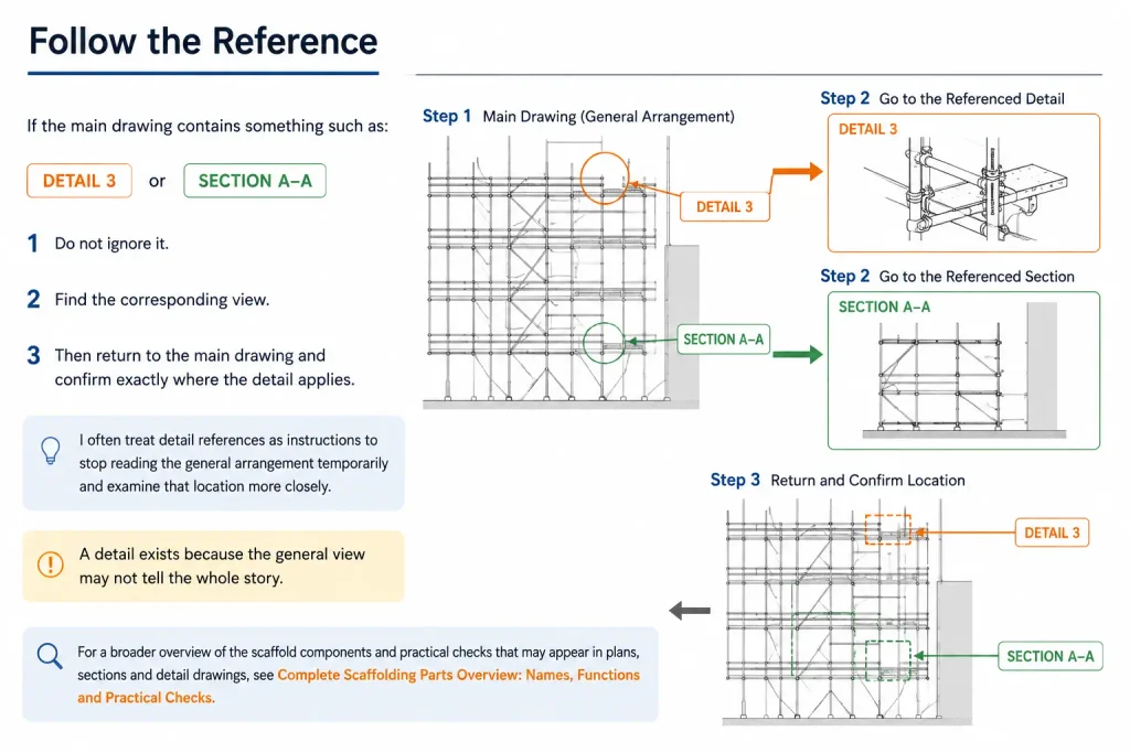 Scaffold drawing detail reference guide showing how to follow DETAIL 3 and SECTION A-A from the general arrangement to corresponding views.