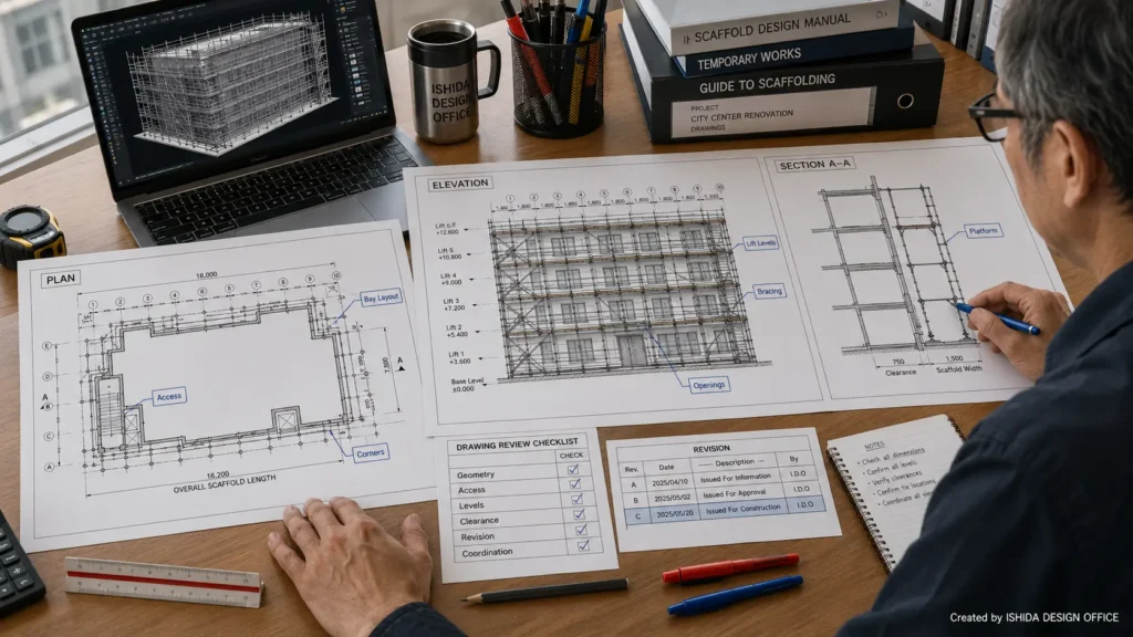 Experienced scaffold designer reviewing coordinated plan, elevation and section drawings before final issue.