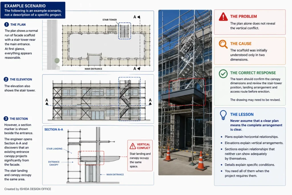 Scaffold drawing review example comparing plan, elevation and section views to identify a vertical conflict between a stair landing and entrance canopy.