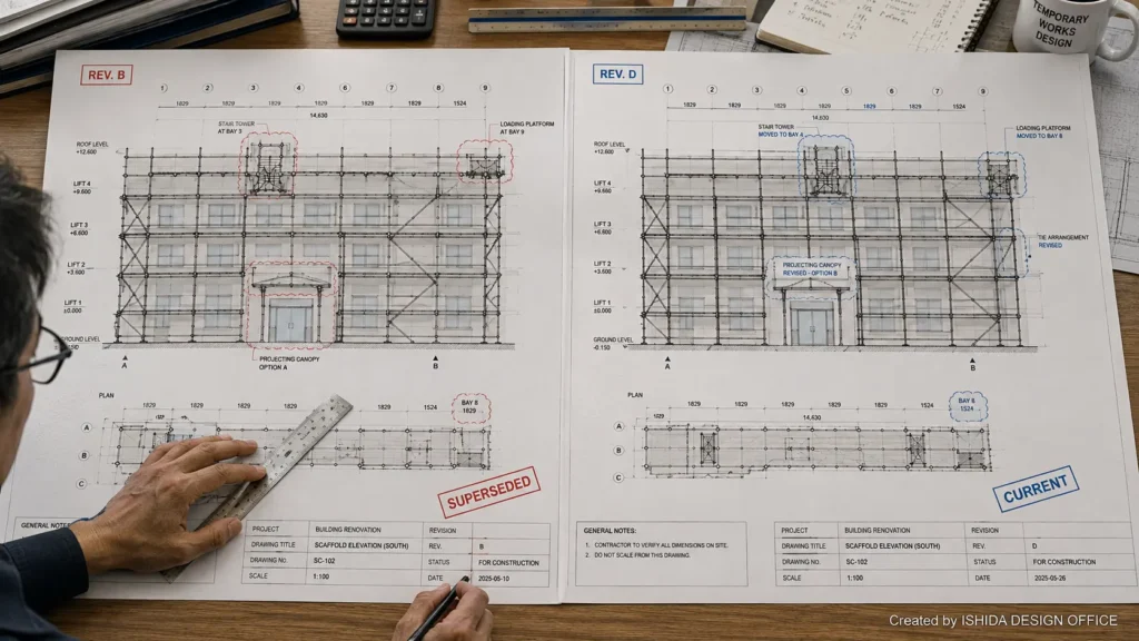 Scaffold drawing revision control comparison showing superseded Rev. B and current Rev. D plan and elevation drawings.