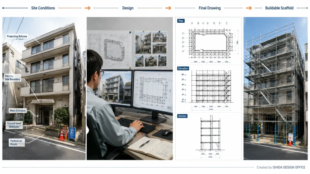 Scaffold drawing workflow from site conditions and CAD design to coordinated plan, elevation, section and buildable scaffold