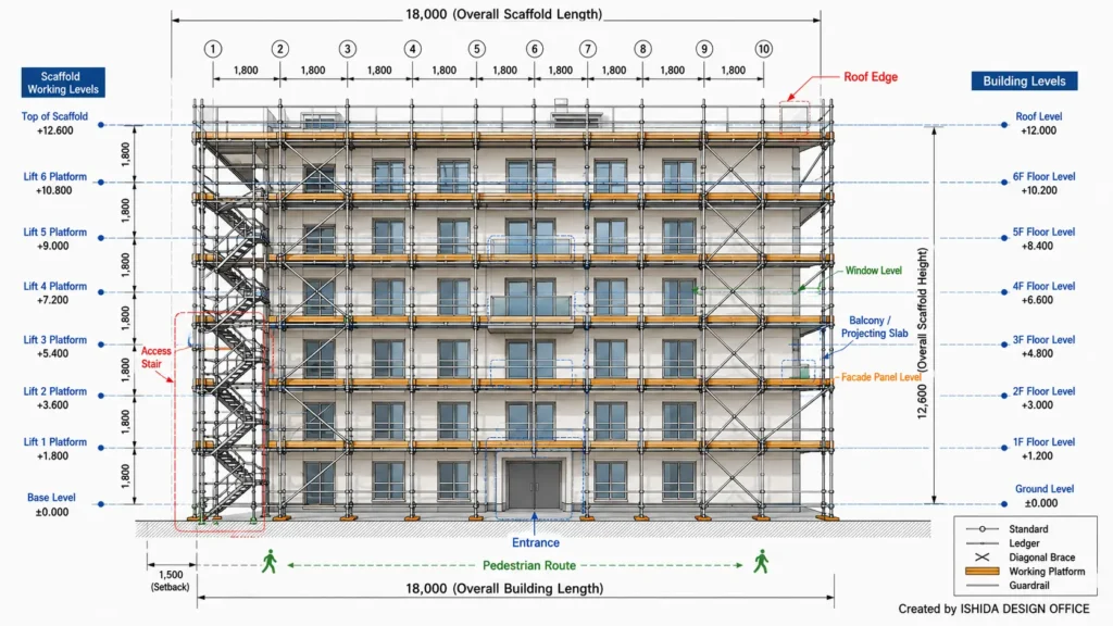 Scaffold elevation drawing showing working platforms, lift levels, access stair, bracing and alignment with building floor levels.