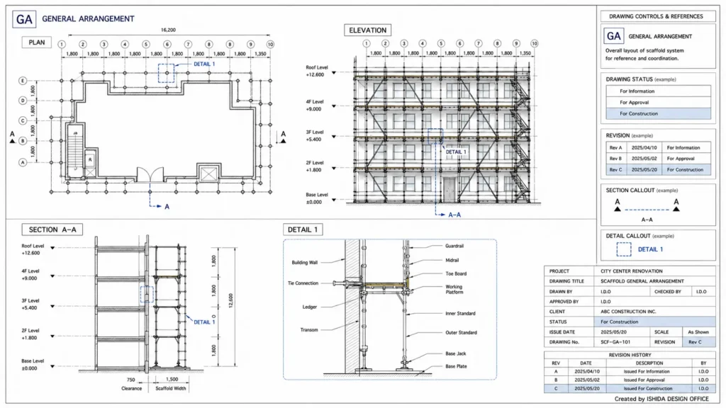 Scaffold general arrangement drawing showing plan, elevation, section, detail, drawing status, revision and construction references.