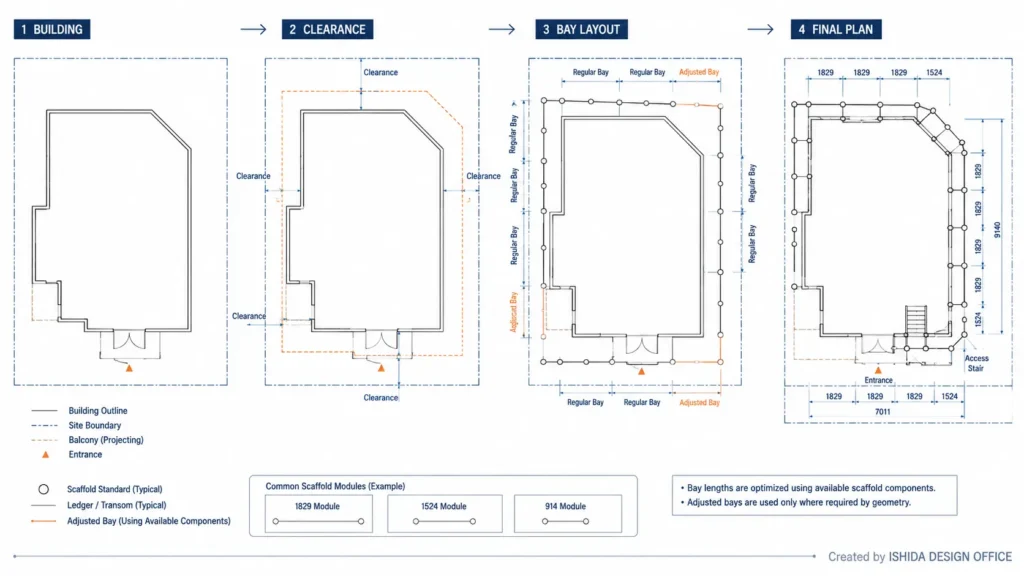 Scaffold plan design workflow showing building outline, clearance, bay layout, adjusted bays, entrance and final scaffold plan