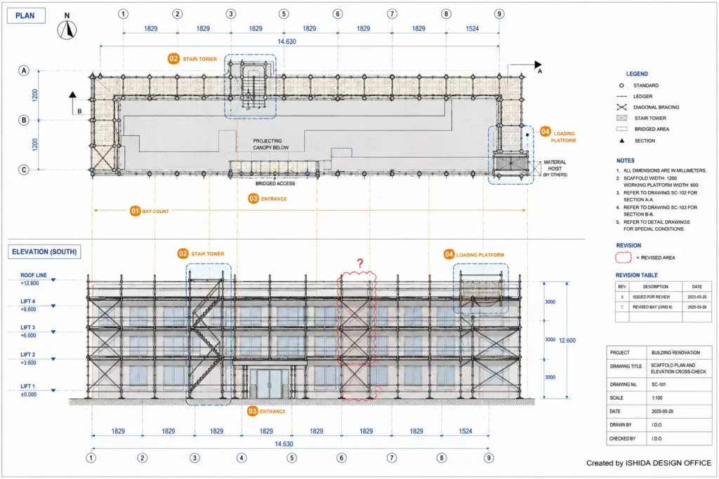 Scaffold plan and elevation cross-check showing bay layout, stair tower, entrance, loading platform and revision area.