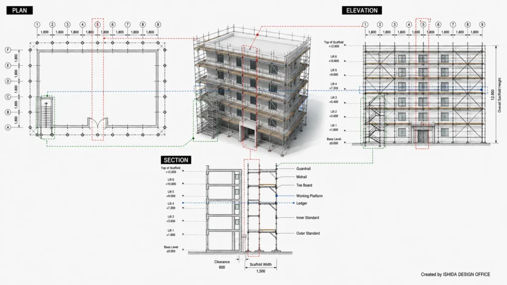 Scaffold plan, elevation and section drawings coordinated with a 3D model to show bay, lift and section relationships.