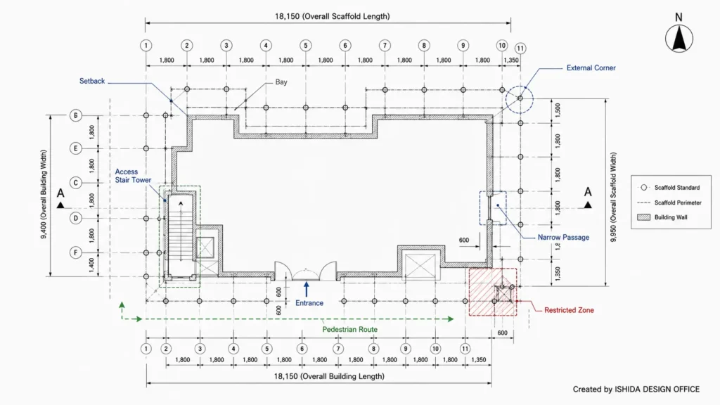Scaffold plan drawing showing bay layout, access stair, building setbacks, entrance, narrow passage and restricted zone.