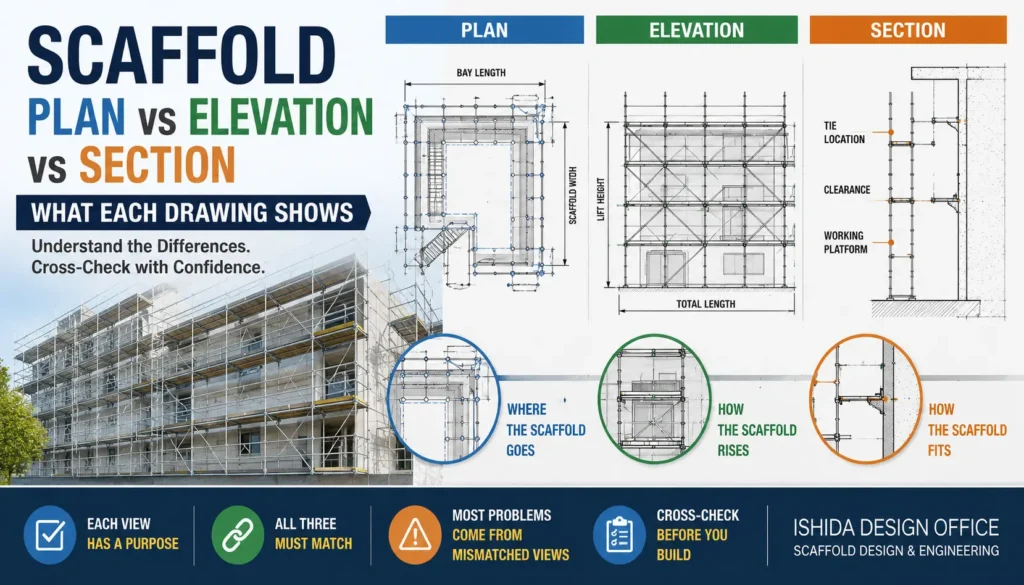 Scaffold plan vs elevation vs section showing layout, scaffold height, tie locations, working platforms and building clearance
