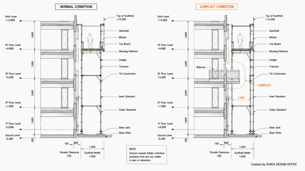 Scaffold section drawing comparing normal clearance with a balcony conflict affecting the scaffold working zone and tie location.
