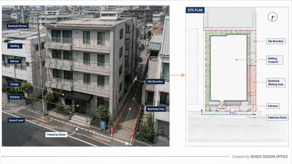 Scaffold site conditions showing building footprint, entrance, balcony, boundary, pedestrian route and restricted work area before CAD design