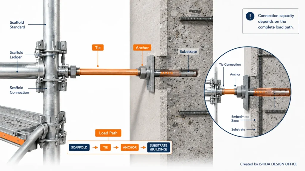 Scaffold tie and anchor connection diagram showing the load path from the scaffold through the tie and anchor into the building substrate.