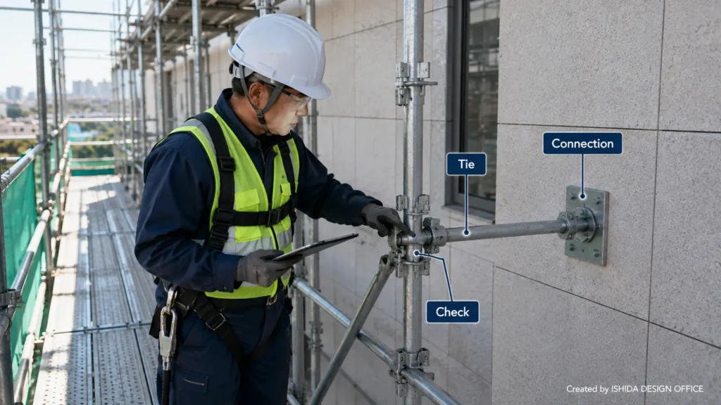 Scaffold professional inspecting a scaffold tie and its connection to the building during a site check.