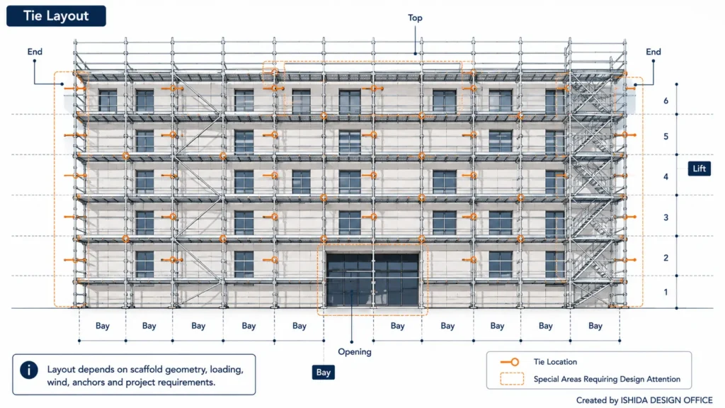 Scaffold tie layout diagram showing tie locations across scaffold bays and lifts, including ends, top level and building openings.