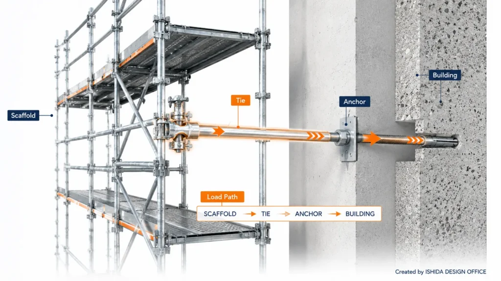 Scaffold tie load path diagram showing the connection from scaffold through the tie and anchor into the building structure.