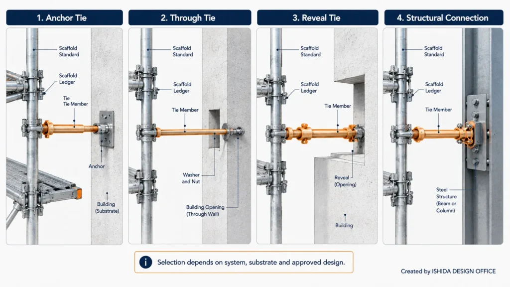 Four scaffold tie types showing anchor tie, through tie, reveal tie and structural connection details.