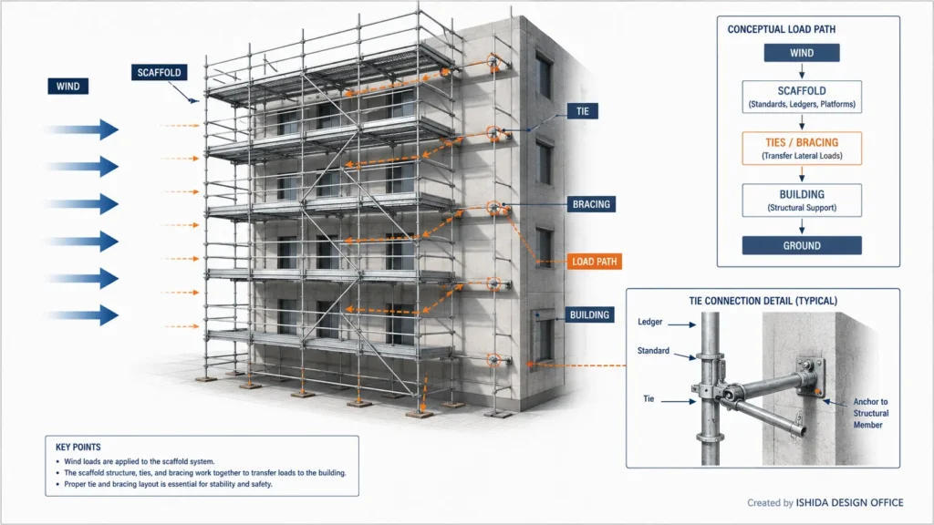 Scaffold ties and bracing illustration showing conceptual wind load path from the scaffold through ties and bracing to the supporting building