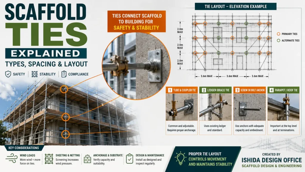 Scaffold ties connecting an external scaffold to a building, with tie connection detail, spacing layout and common scaffold tie types.