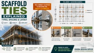 Scaffold ties connecting an external scaffold to a building, with tie connection detail, spacing layout and common scaffold tie types.