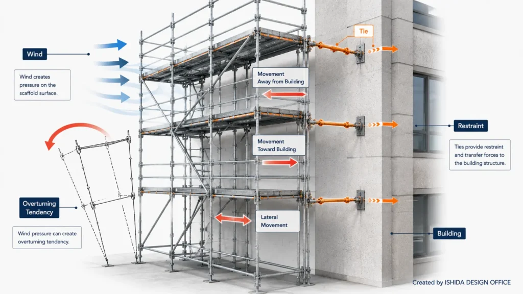 Diagram showing scaffold ties restraining movement caused by wind, including movement toward and away from the building, lateral movement and overturning tendency.