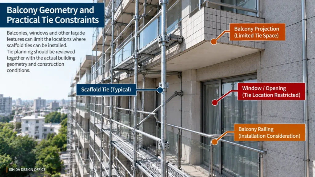 Scaffolding around balconies and windows showing how building geometry can restrict practical scaffold tie locations.
