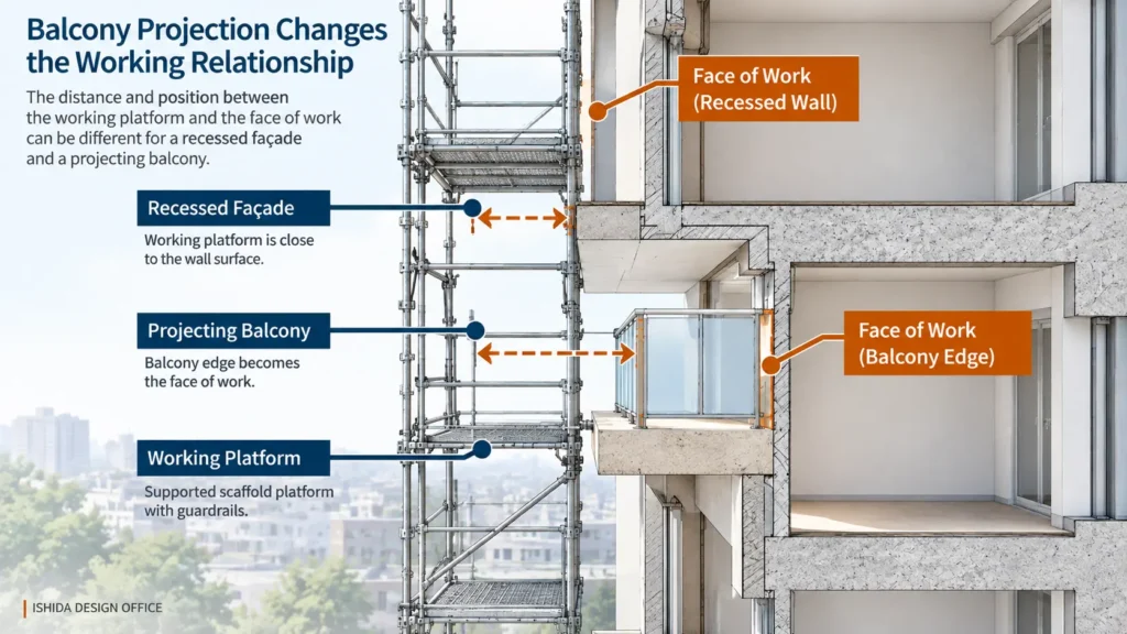 Technical section showing how a projecting balcony and recessed façade change the relationship between the scaffold working platform and face of work.