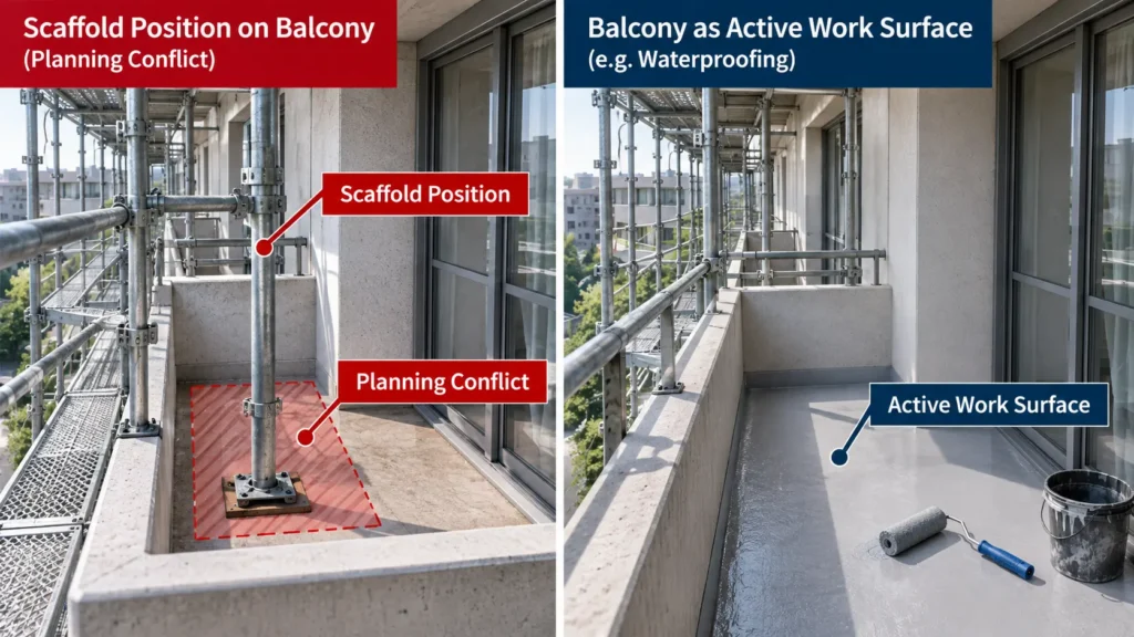 Comparison showing a scaffold position on a balcony and the same balcony used as an active waterproofing work surface.