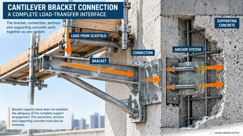 Cantilever scaffold bracket connection showing load transfer through the bracket, connection and anchors into the supporting concrete