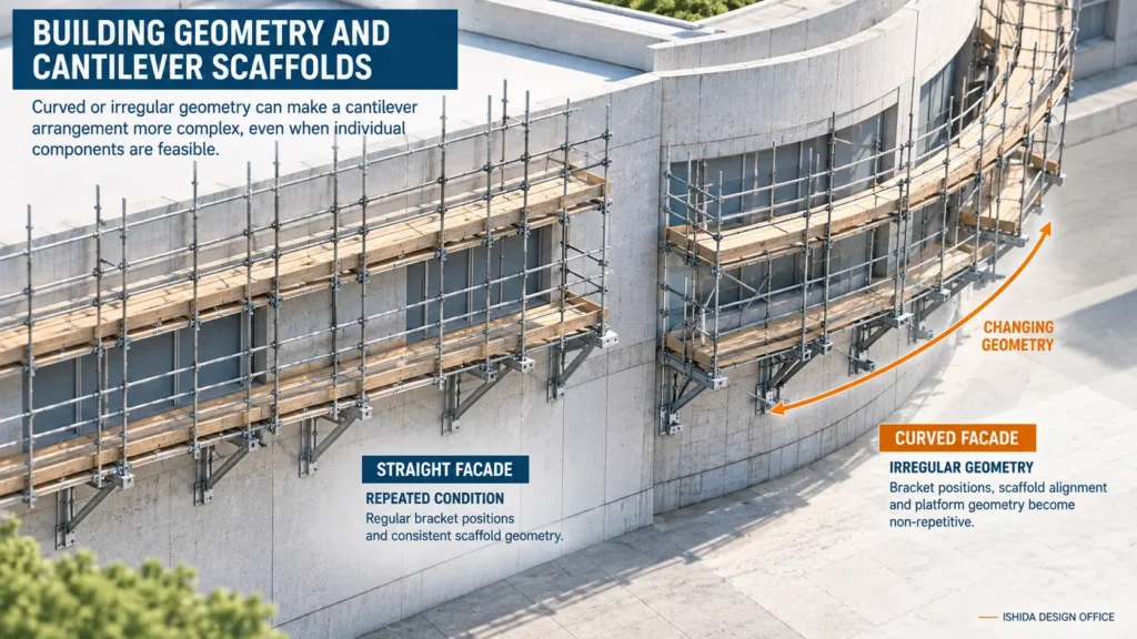 Cantilever scaffold comparison showing regular bracket positions on a straight facade and changing scaffold geometry on a curved facade