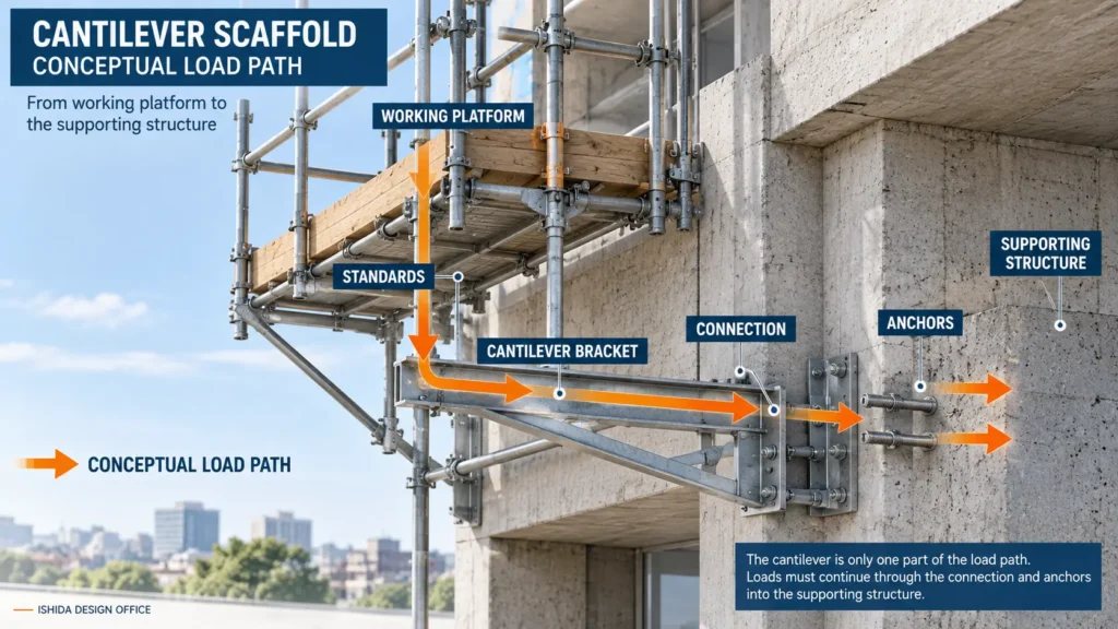 Cantilever scaffold conceptual load path from the working platform through standards, bracket, connection and anchors to the supporting structure