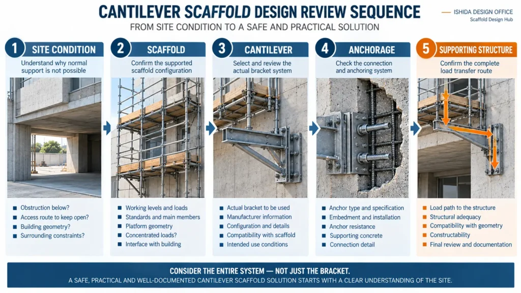 Five-step cantilever scaffold design review sequence covering site conditions, scaffold configuration, cantilever bracket, anchorage and supporting structure