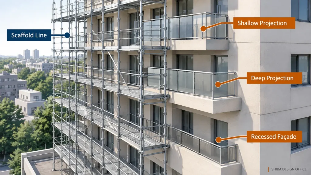 Scaffolding around a building with shallow and deep balcony projections and a recessed façade.