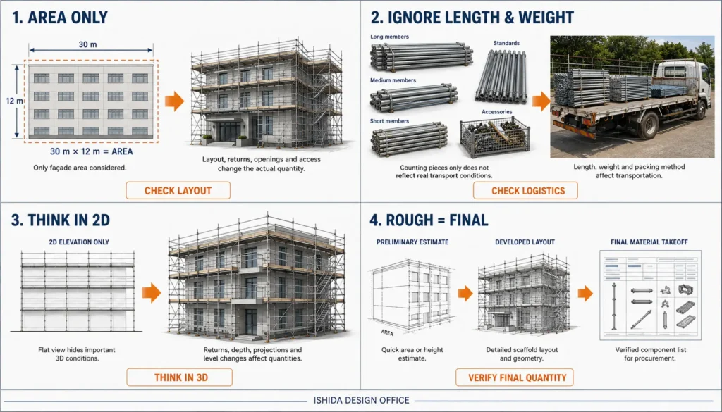 Four common scaffold quantity calculation mistakes involving area, transport, 2D thinking and rough estimates
