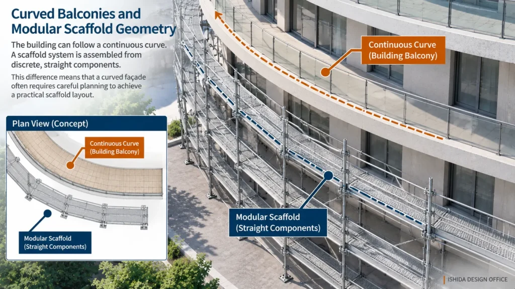 Curved building balcony compared with modular scaffolding made from straight components, showing the scaffold planning challenge around curved façades.