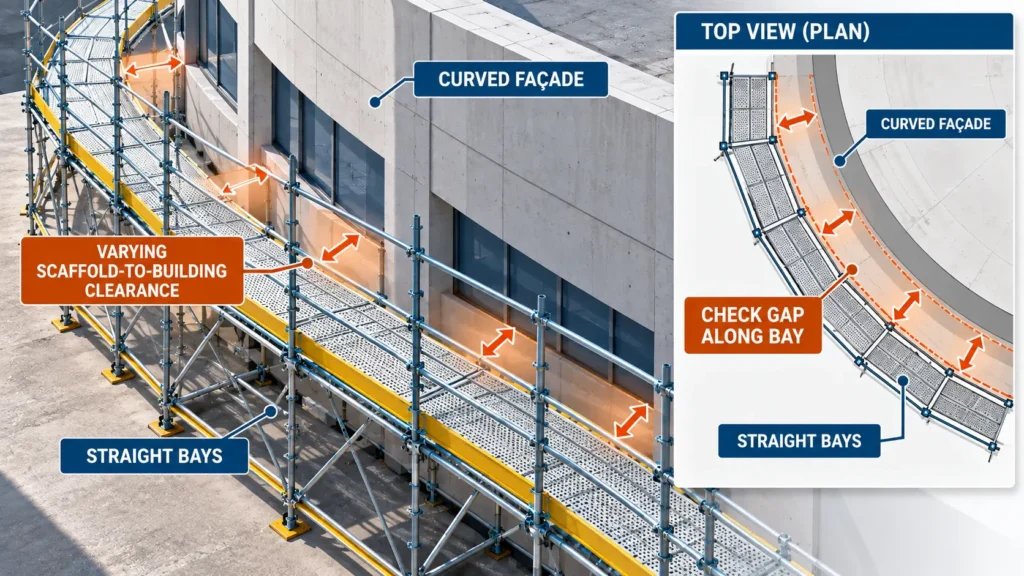 Curved building façade with straight scaffold bays showing varying scaffold-to-building clearance.