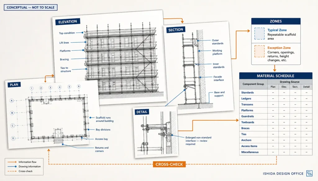 Scaffold plan, elevation, section and detail drawings connected to zones and a material schedule for drawing-based quantity takeoff.