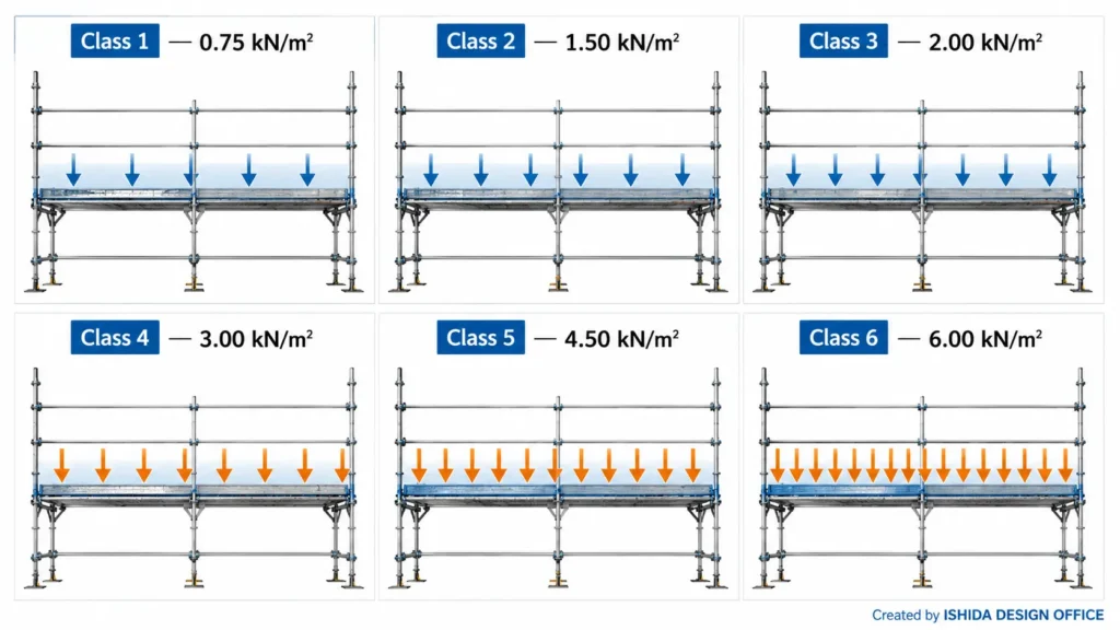 Comparison of EN 12811 scaffold load Classes 1 to 6 from 0.75 to 6.00 kN per square metre.