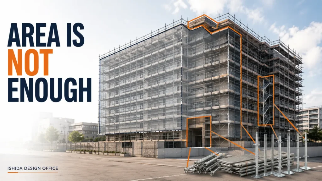 Scaffold material estimate showing why area alone cannot account for corners, access bays and top-lift conditions.