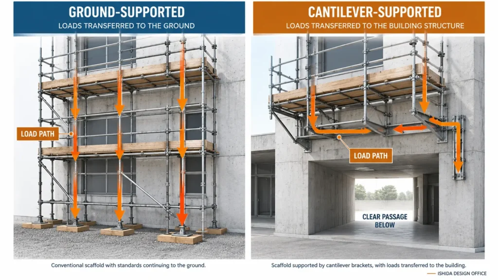 Ground-supported and cantilever-supported scaffolds compared, showing how loads transfer to the ground or building structure
