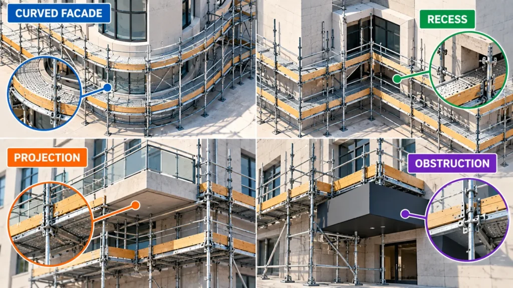 Axonometric scaffold model around an irregular building corner with a curved façade, recess, projection and obstruction.