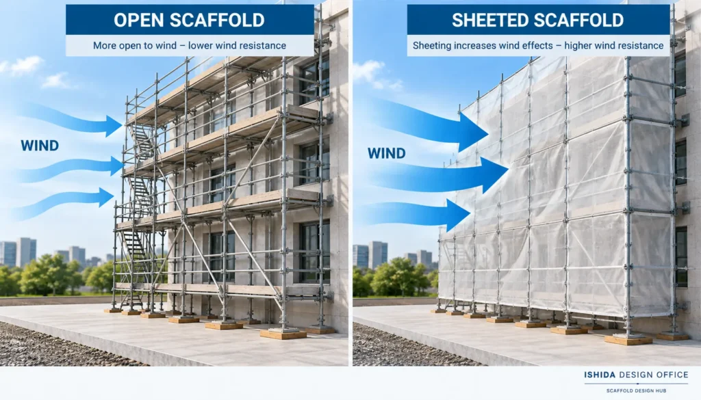 Comparison of an open scaffold and a sheeted scaffold showing how sheeting changes wind effects on the scaffold.