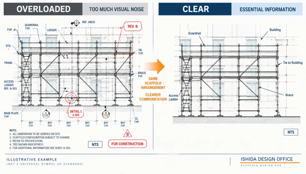Comparison of overloaded and clear scaffold drawings showing the same scaffold arrangement