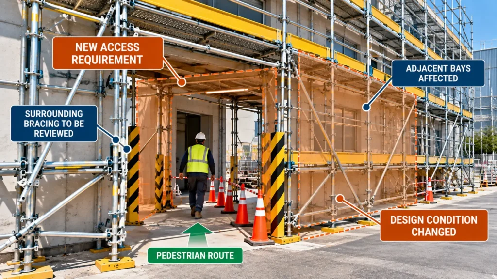 Scaffold with a newly required pedestrian access zone highlighted for design review. Caption: A new access requirement should be treated as a change to the original scaffold design conditions.