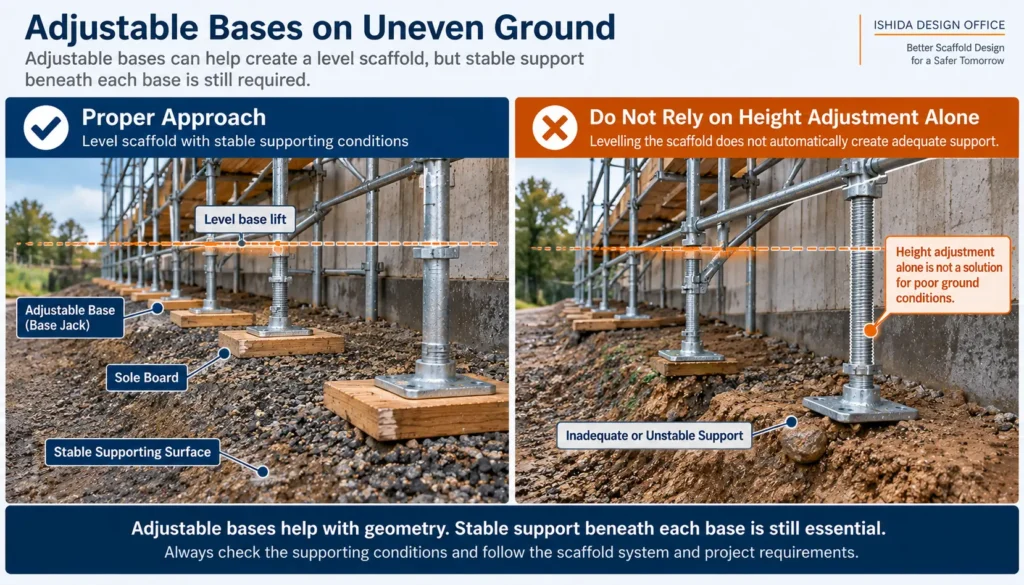 Adjustable scaffold bases on uneven ground showing proper stable support and inadequate height adjustment
