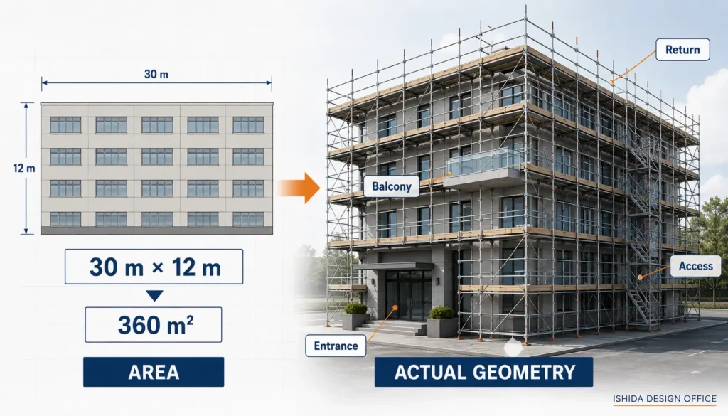Scaffold area calculation compared with actual building geometry including returns, balcony, entrance and access