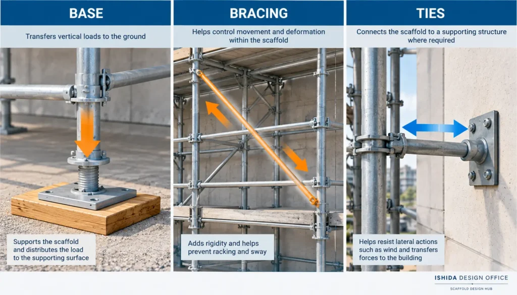 Comparison showing the different stability functions of scaffold bases, bracing and ties.