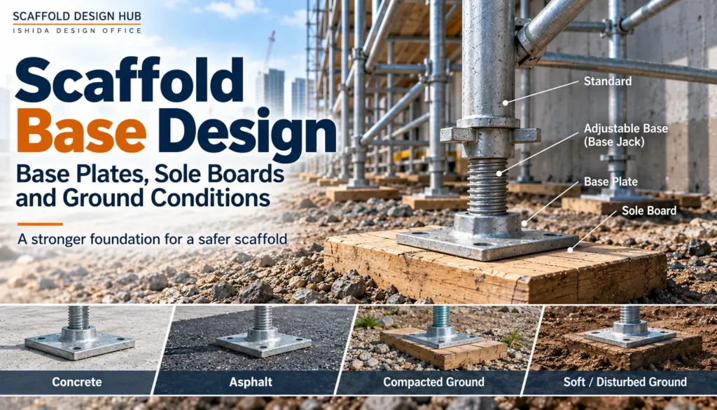 Scaffold base design showing base plate, adjustable base, sole board and different ground conditions